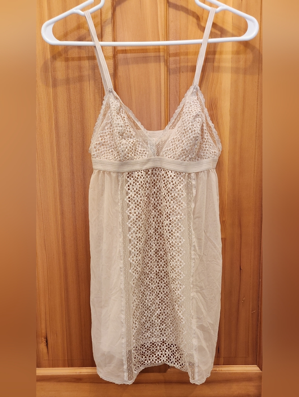 Cream Lace Trim Chemise Slip with Delicate Crochet Panel